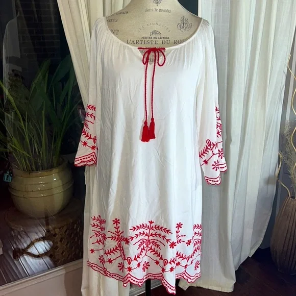 CC Chic Connection white tunic long shirt red embroidery tassel tie dress Small​ - Picture 10 of 16
